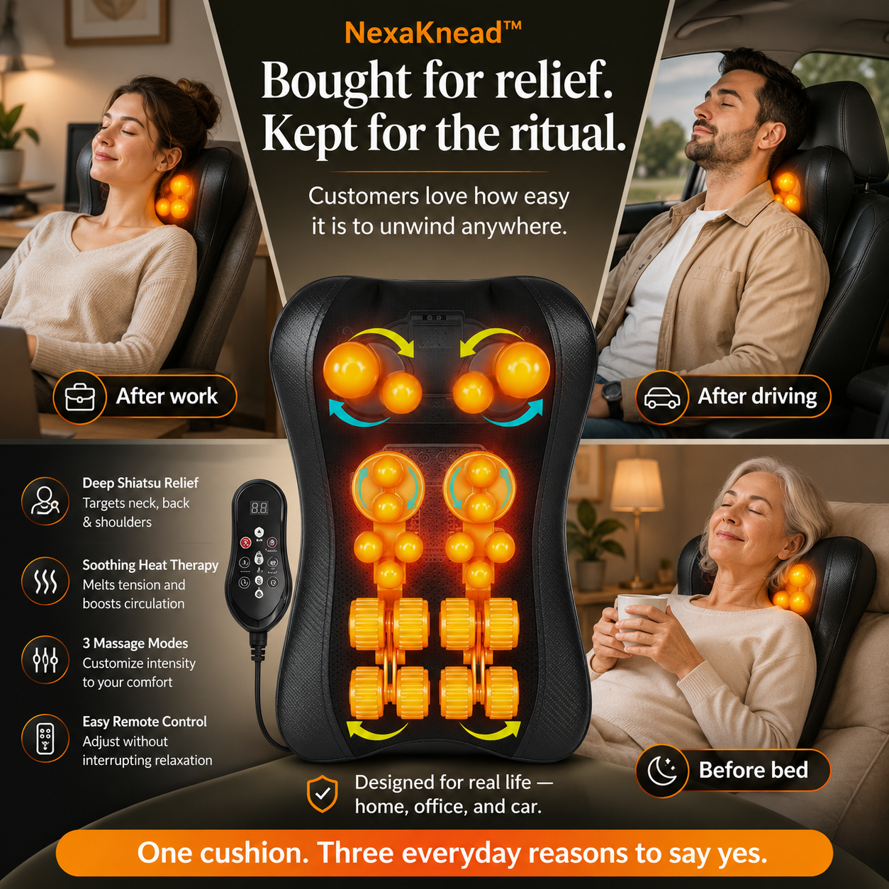 NexaKnead™ Heated Shiatsu Neck & Back Massage Cushion