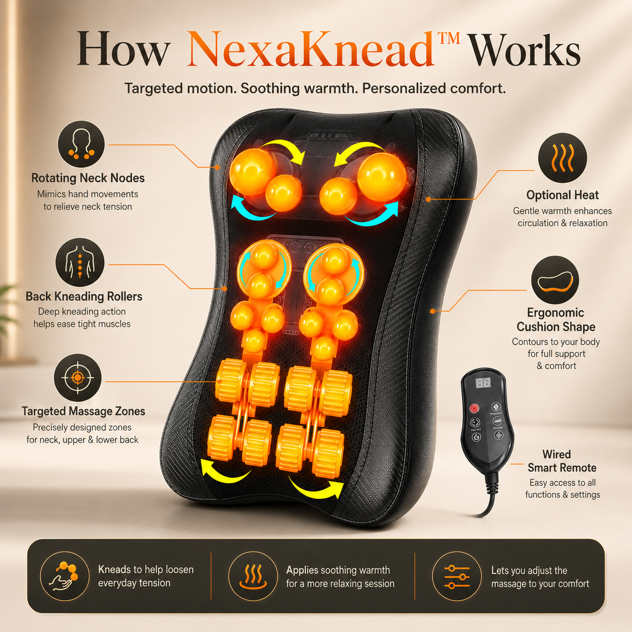 NexaKnead™ Heated Shiatsu Neck & Back Massage Cushion